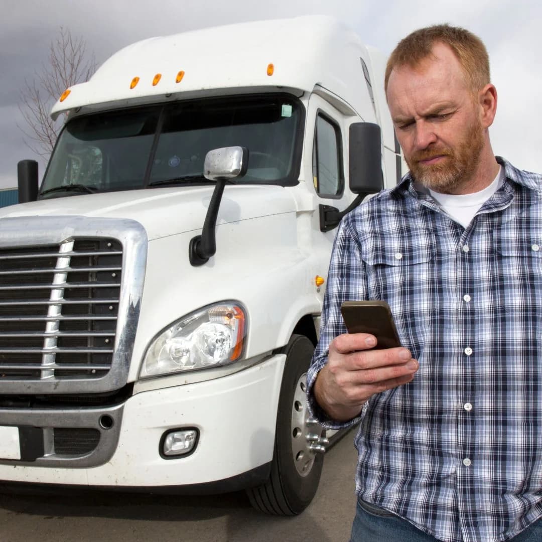 trucker checking phone for data