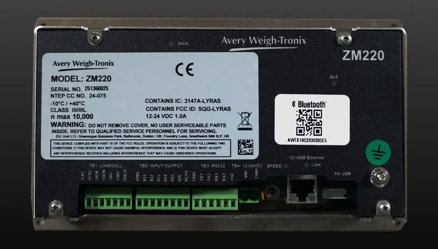 Connection panel on the Avery Weigh-Tronix ZM220 signal processor
