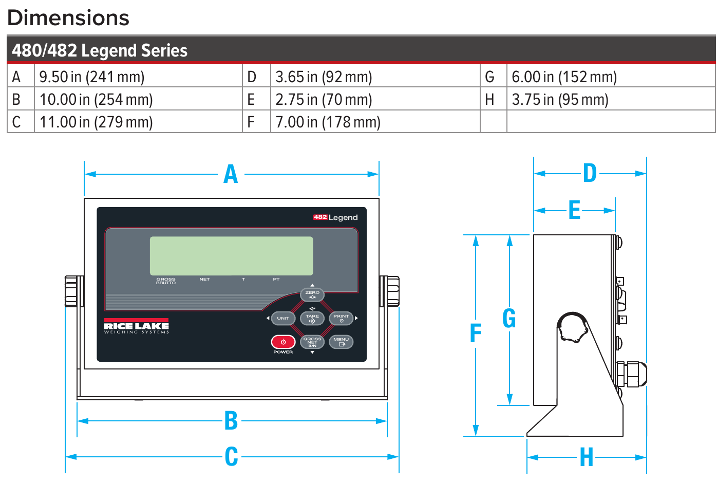 Rice Lake 480 and 482 Legend Series enclosure and stand dimensions