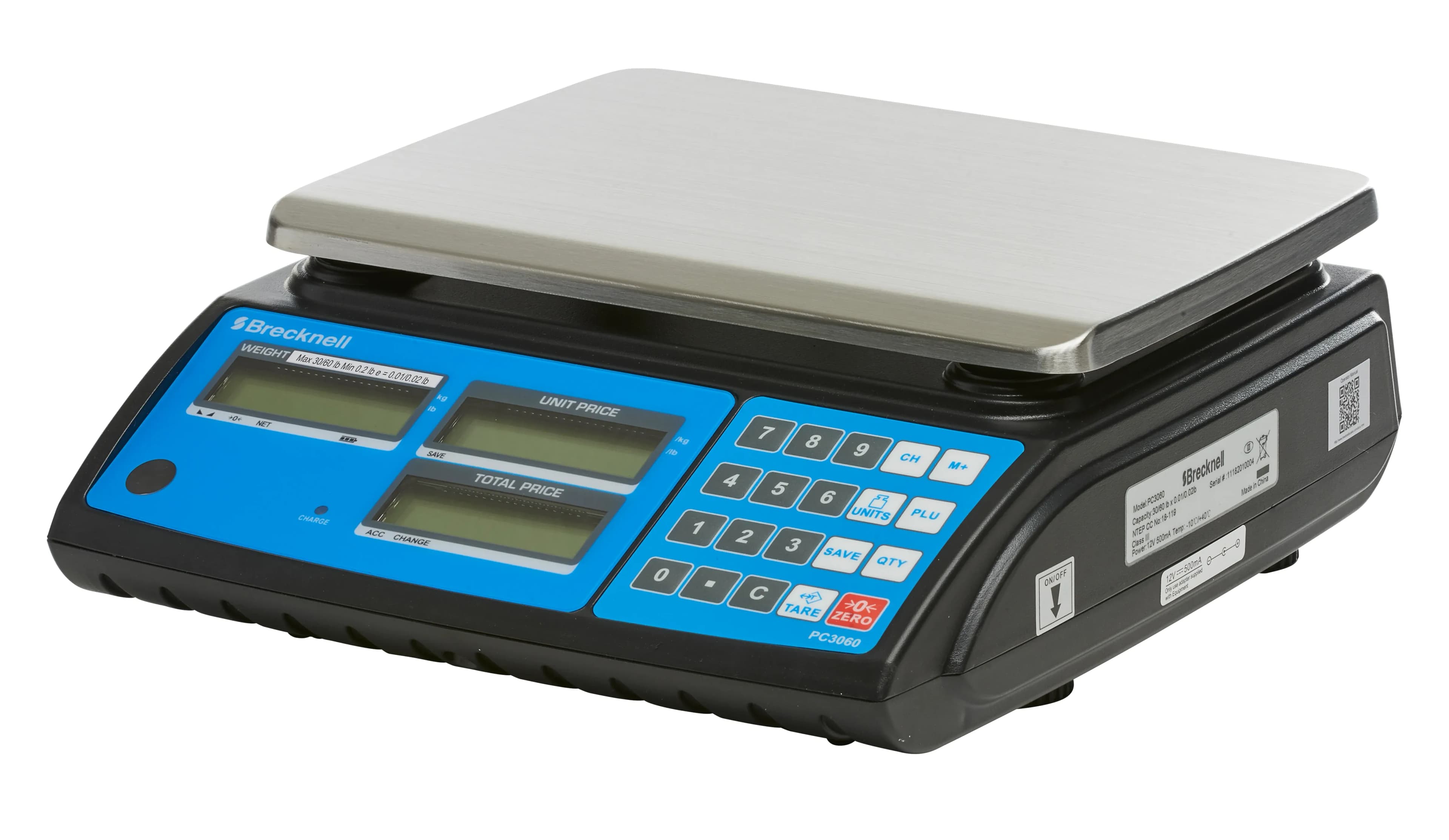 Brecknell PC3060 price computing scale viewed from the left